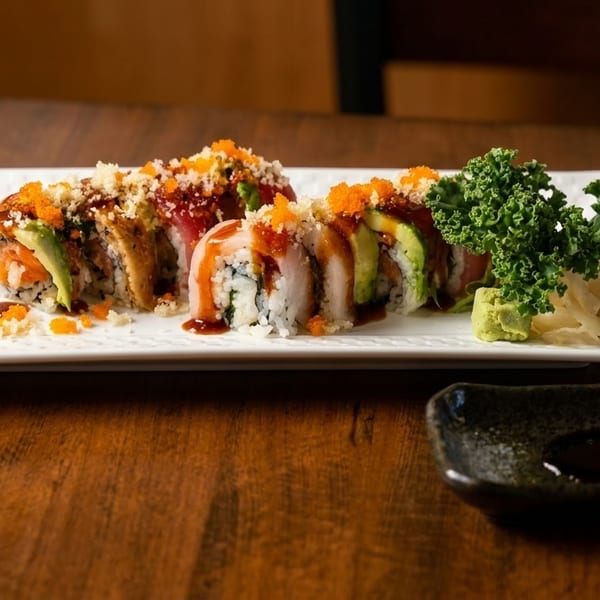 Sushi roll with avocado, salmon, and tuna, garnished with roe, sauce, and kale.