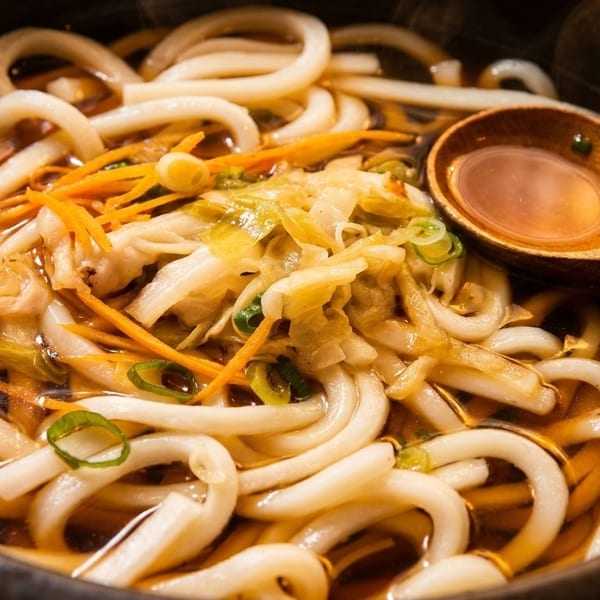 Close-up of a bowl of udon noodles with broth, shredded carrots, cabbage, and a wooden spoon.