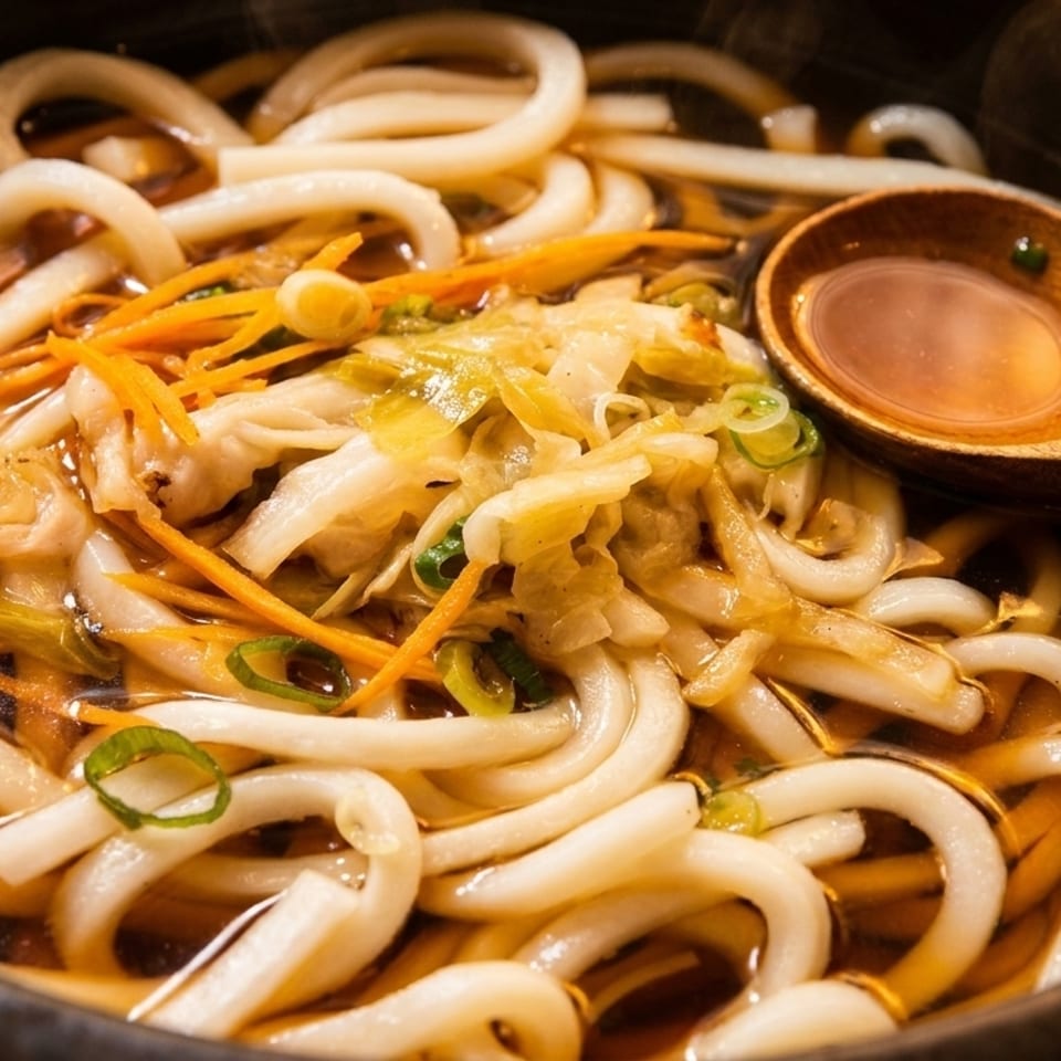 Close-up of a bowl of udon noodles with broth, shredded carrots, cabbage, and a wooden spoon.